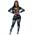 New Season Fall Elegant Autumn News Print Pant Fitness Women Clothing Long Sleeve Two Piece Set